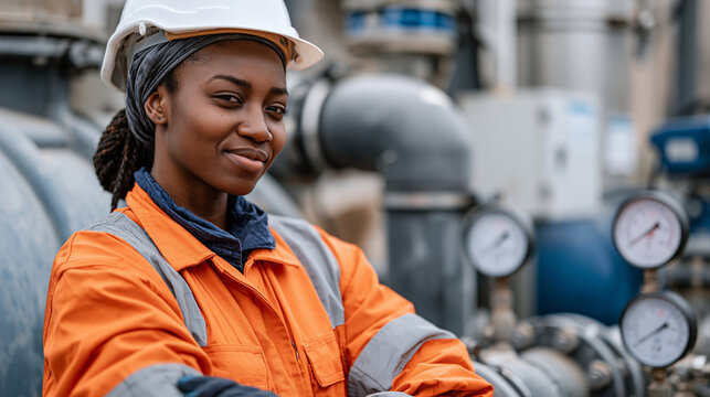 Nigerian water treatment engineer in protective gear monitoring filtration gauges at a municipal facility, industrial pipes and control panels surrounding her, late afternoon