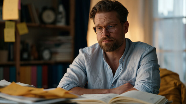 Late-diagnosed adult with ADHD sits at a cluttered home office desk surrounded by sticky notes, timers, and color-coded folders, a self-management planner open in front of him,