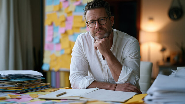 Late-diagnosed adult with ADHD sits at a cluttered home office desk surrounded by sticky notes, timers, and color-coded folders, a self-management planner open in front of him,