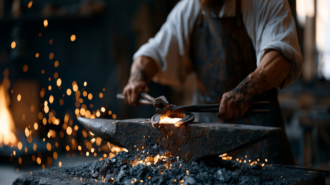 Blacksmith with soot-dusted forearms and leather apron grips tongs over a glowing forge in a traditional workshop, hammering a horseshoe on an iron anvil, sparks cascading across