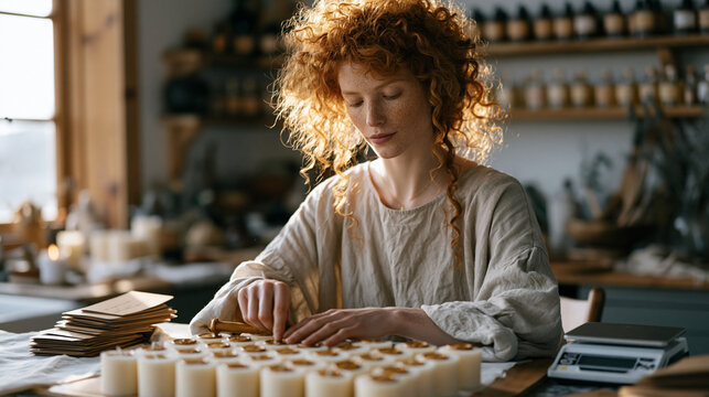 Redhead woman with freckles at a sunlit kitchen table pressing wax seals onto hand-poured soy candles arranged in neat rows, small batch craft labels stacked beside a digital