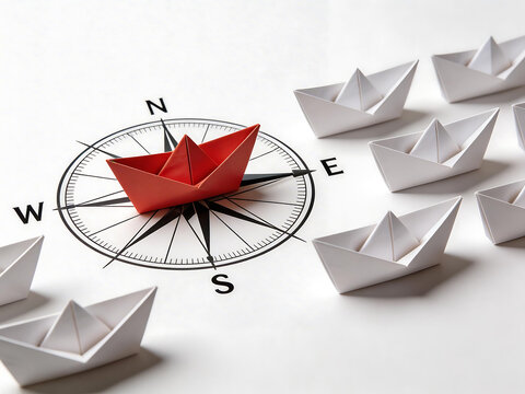 Paper boats and compass on white surface