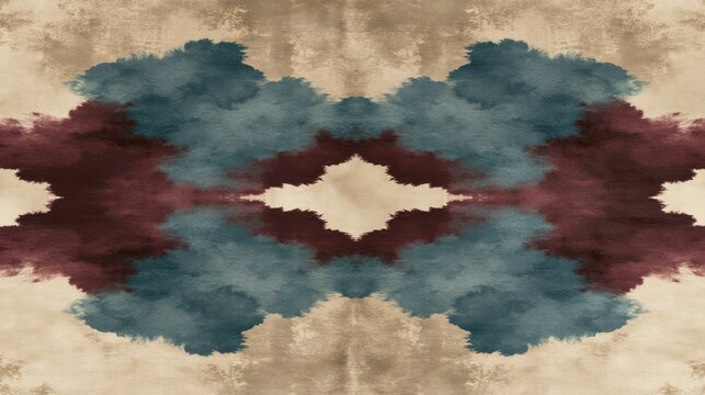 Symmetrical teal and burgundy abstract Rorschach pattern.