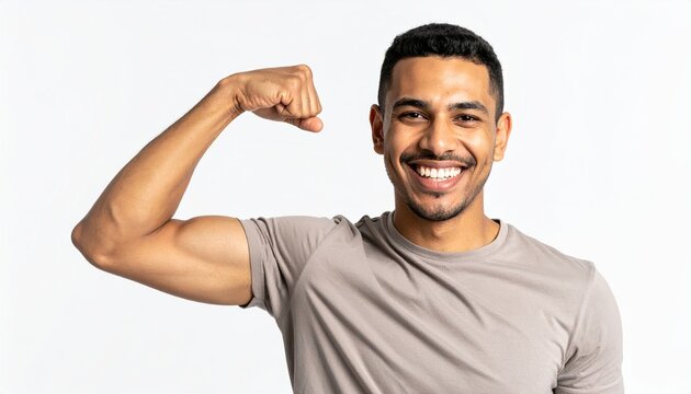 A proud and confident young man smiling brightly while flexing his arm to show his strong biceps muscle, isolated on white.