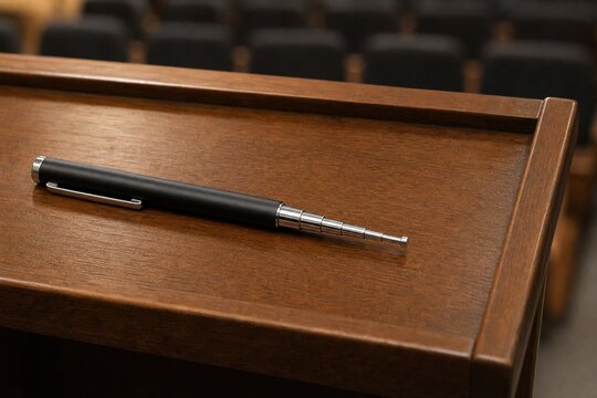 A telescopic pointer retracting on a wooden lectern with a blurred background.
