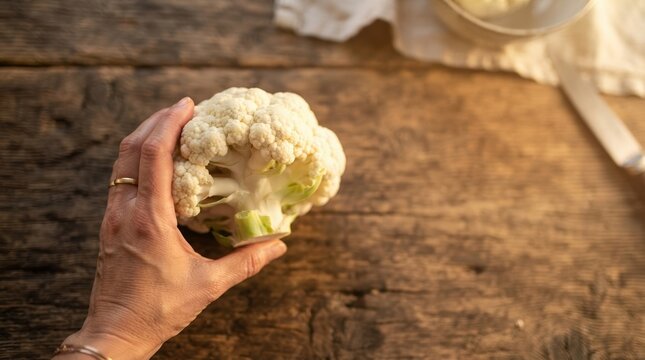Hand holding fresh raw cauliflower head on rustic wooden table for healthy cooking preparation
