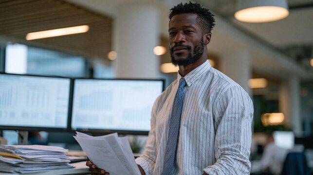 Insurance underwriter at a standing desk reviewing flood damage assessment files with two monitors showing actuarial data charts, open-plan office, midday professional intensity,