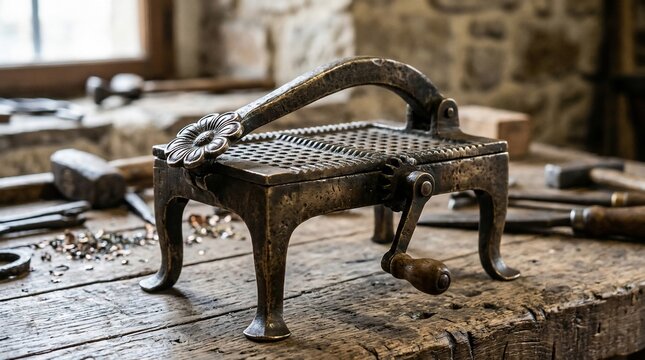 Antique metal press on a rustic wooden workbench in workshop