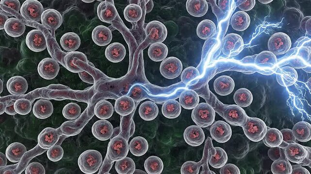 Close-Up Visualization Of Neural Connections And Electric Signals Transmitted Between Neurons In Scientific Digital Art