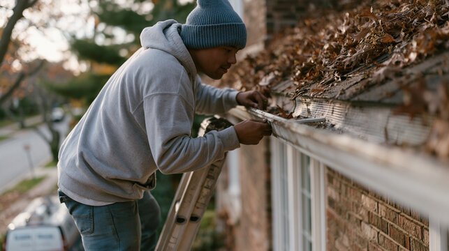Gutter guard installer balanced on an aluminum ladder against a two-story brick home, fitting mesh panels along a leaf-filled roofline, autumn debris visible below, a wide view