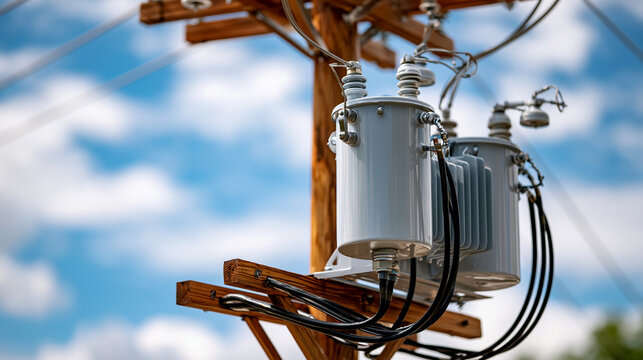 New single phase pole mounted distribution transformers on a wooden utility pole crisp gray cylinders and cables against a bright sky pole mounted transformer distribution