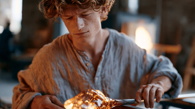 Scottish glassblower rotating a glowing molten gather on a blowpipe, studio illuminated only by the furnace's intense radiance, the close-up capturing fire-warmed hands shaping