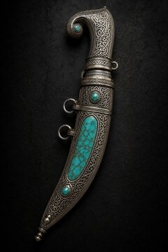 Curved dagger with intricate arabesque patterns and turquoise inlaid scabbard.