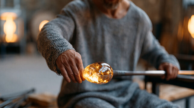 Scottish glassblower rotating a glowing molten gather on a blowpipe, studio illuminated only by the furnace's intense radiance, the close-up capturing fire-warmed hands shaping