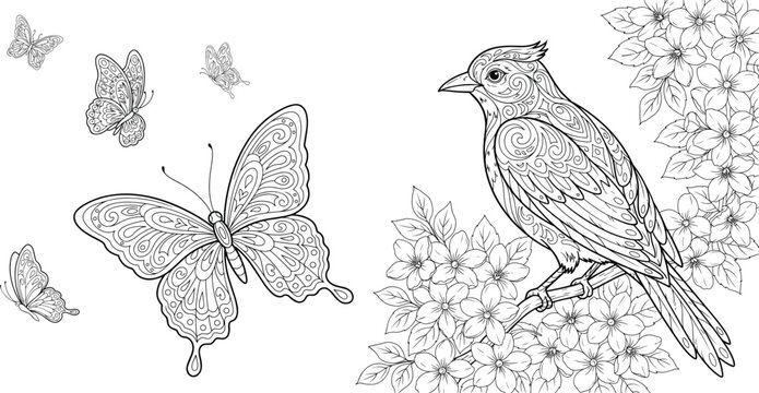 Intricate coloring page with a bird, butterflies, and blossoming flowers
