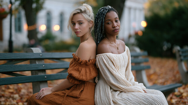 Friendship breakup aftermath shown as two young women sitting back-to-back on a park bench surrounded by fallen autumn leaves, not speaking, the physical closeness and emotional