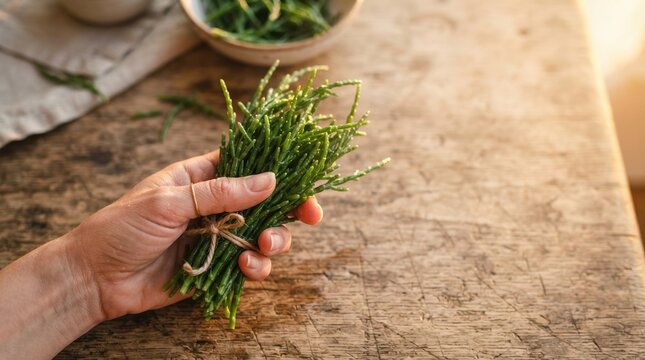 Hand holding fresh green samphire sea asparagus bunch on rustic wooden table for healthy gourmet cooking and sustainable food photography