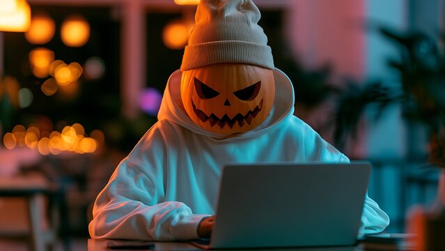 Person with Halloween pumpkin head working on laptop at night, spooky hacker concept