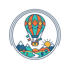 Obraz premium A colorful hot air balloon floats above a scenic mountain landscape