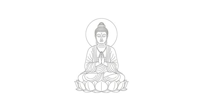 A serene black and white line drawing depicts a seated Buddha. The Buddha sits in a lotus position on a stylized lotus flower.
