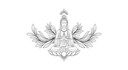 Fototapeta premium A serene black and white line drawing depicts a seated Buddhist goddess, Avalokite?vara, also known as Guanyin. She sits in a lotus position, her legs crossed, with hands in a mudra of offering.