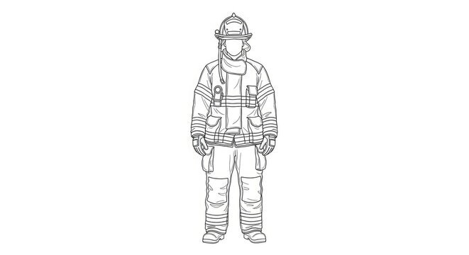 A firefighter stands in a full protective suit. The firefighter is wearing a helmet with a face shield and a breathing apparatus.