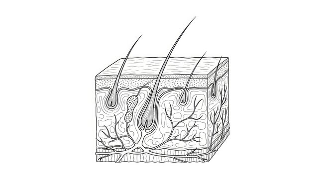A black and white line drawing illustrates a section of human skin. The image depicts the epidermis, dermis, and hypodermis layers.