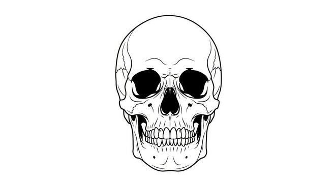 A detailed black and white line drawing depicts a human skull. The skull features prominent cheekbones, a defined nasal cavity, and a full set of teeth.