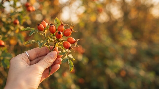 Hand holding fresh wild rosehips in autumn forest for herbal medicine and natural vitamin C supplement concept