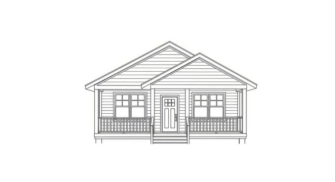 A simple, black and white line drawing depicts a small, gable-roofed house with a front porch. The house features a front door, several windows, and a small, covered porch with a railing.