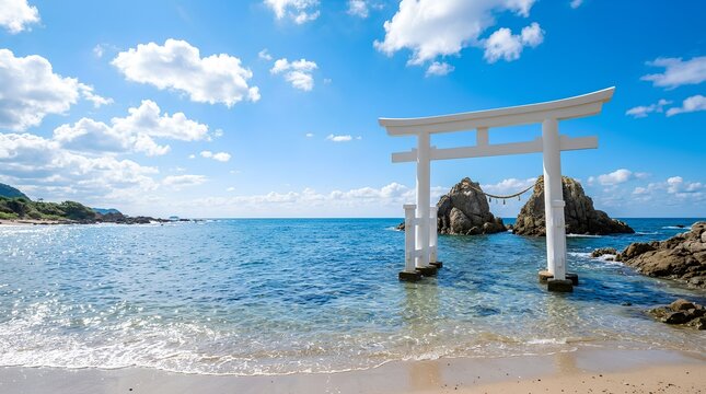 福岡・糸島の二見ヶ浦に佇む白い鳥居と夫婦岩、快晴の青い海