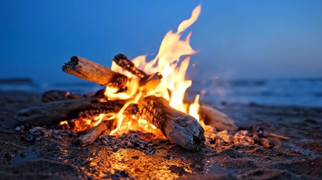Campfire burning on sandy beach at dusk for nature and outdoor adventure content