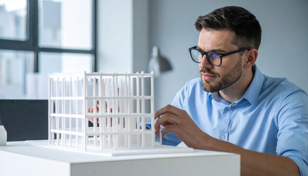 A professional architect inspecting a structural 3D printed building model layout frame