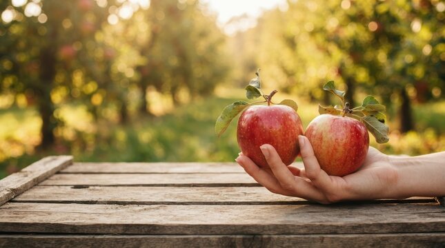 Hand holding two fresh red apples in an orchard, organic fruit harvest concept for healthy eating and autumn farming