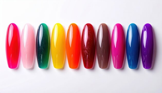 Multi-colored false nails set: A vibrant commercial layout displaying rows of glossy multi-colored acrylic false nails, isolated on a white background.