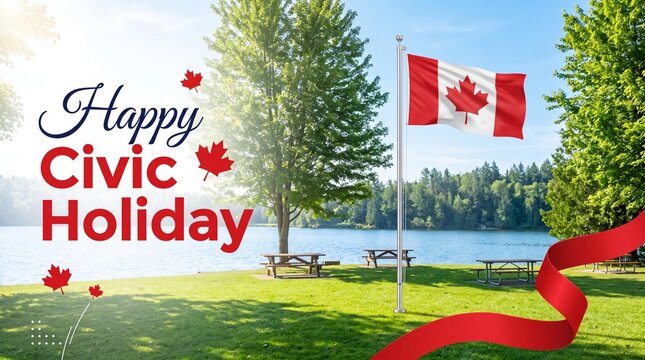 Canadian flag waving over scenic lakeside park landscape celebrating civic holiday with red ribbon with pole lakeside