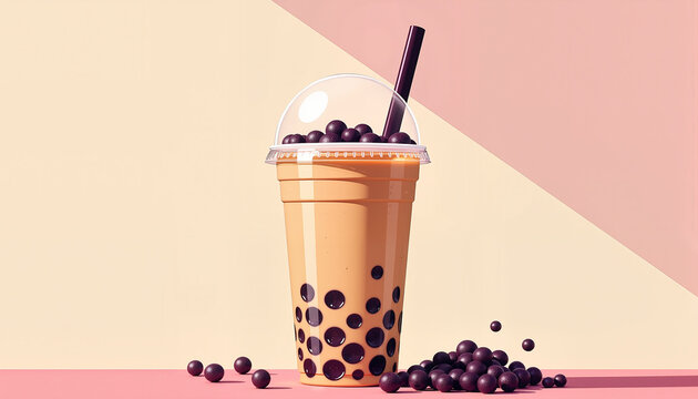 bubble tea drink in clear cup with tapioca pearls and straw against colorful geometric background, concept refreshment and beverage options