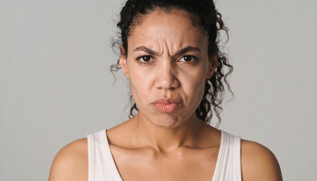 A close-up portrait of an angry woman pouting and looking disappointed, captured in studio lighting on a neutral background.