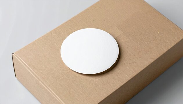 A pristine mockup of a blank round label on a cardboard box