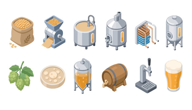 Brewing equipment and beer production process icons.