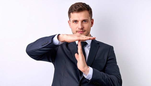 A professional employee in a crisp suit demonstrating a timeout gesture with his palms forming a "T" shape, isolated on white.