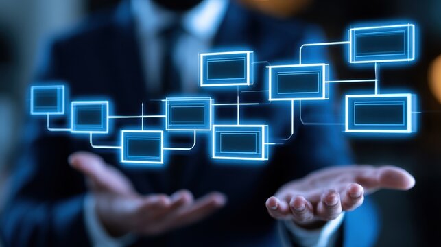 Businessman holding digital flowchart hierarchy tree with glowing connected blank rectangles representing organizational structure and process management concept