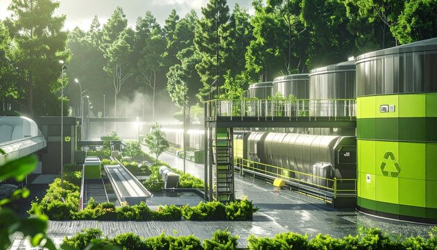 Modern green train passing through lush suburban area.