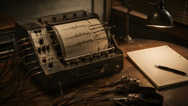 A vintage lie detector machine is set up on a wooden desk, with wires connected to sensors and a paper roll displaying wavy lines. Beside it, a notepad and pen await interrogation.