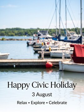 Civic holiday greeting card design with boats docked at marina with design with design featuring, summer greeting