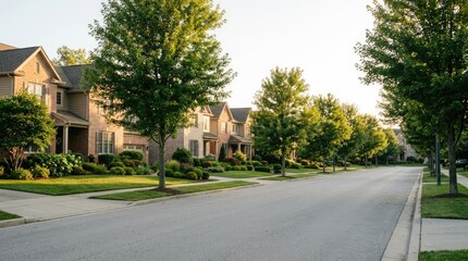 Fototapeta premium A residential street lined with well-maintained houses under a bright, overcast sky. Mature trees flank the road, providing shade and a sense of tranquility.