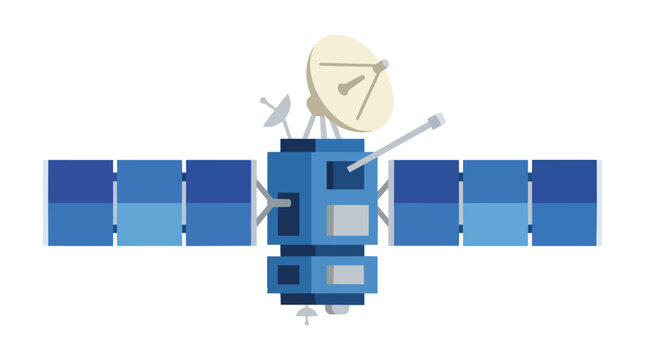 Orbital Communication Satellite Illustration with Large Solar Wings and Parabolic Antenna for Space Mission Global Data