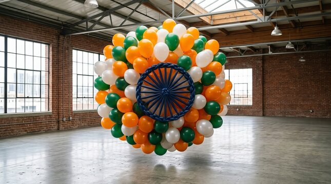 Abstract indian flag balloon sculpture installation in modern industrial brick warehouse space featuring tricolor sphere with navy blue ashoka chakra wheel design for holiday.