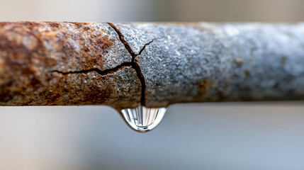 Fototapeta premium Rusty metal pipe with visible crack leaking water droplet indicating plumbing repair need and water damage risk, pipe damage concept, plumbing photography, blurred neutral