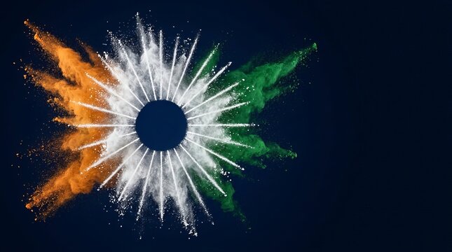 Explosion of colorful powder paint in saffron white and green forming sunburst pattern with dark center on navy background as conceptual art for indian national festival events.